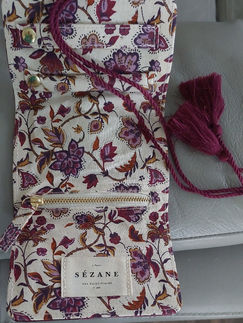 SEZANE Floral Tassel Jewelry Storage Wallet - Cream with Plum Floral Print